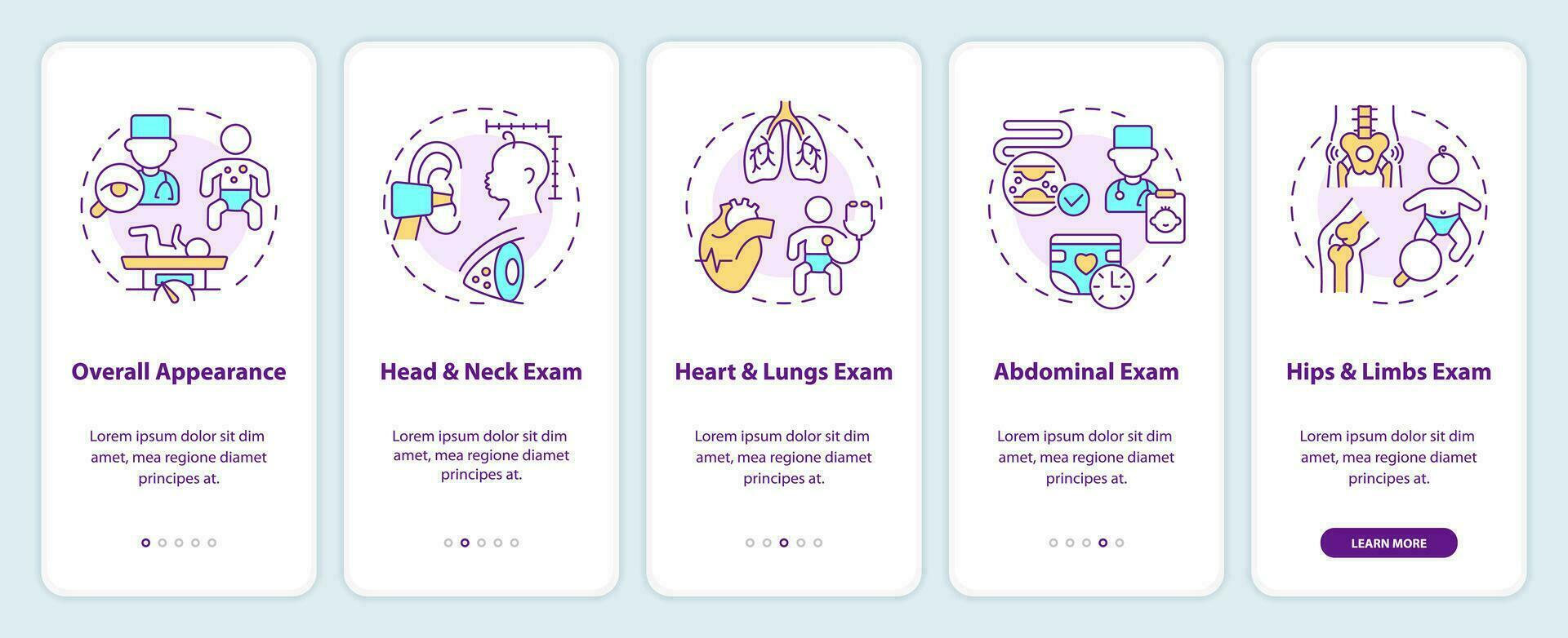 Baby physical exam onboarding mobile app screen. Newborn healthcare walkthrough 5 steps editable graphic instructions with linear concepts. UI, UX, GUI template vector