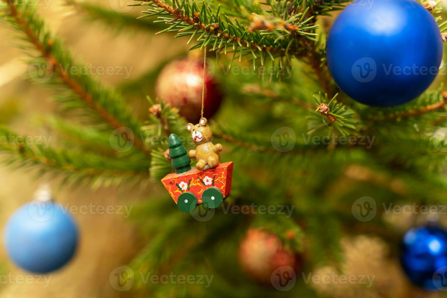 Christmas tree toys on the branches of the Christmas tree. photo