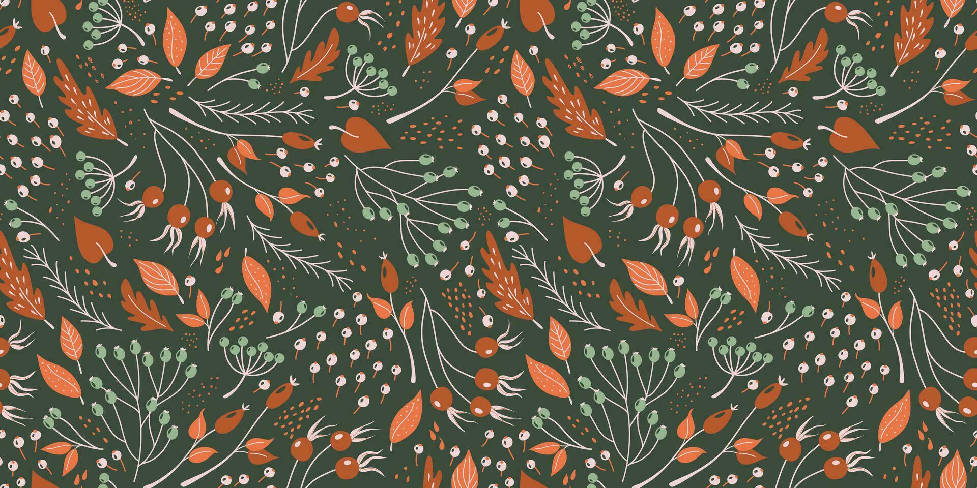 Autumn plants seamless pattern. Retro soft background with fall leaves, berries and tree branches. Vector illustration of abstract mysterious forest.