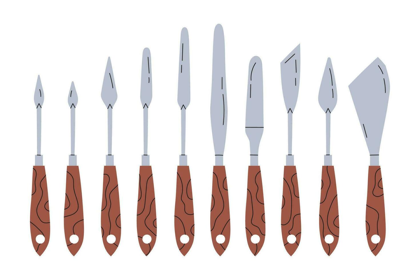 Flat cartoon illustration of metal palette knives of various shapes with a wooden handle in the amount of seven pieces for oil painting isolated on a white background. Vector stock illustration