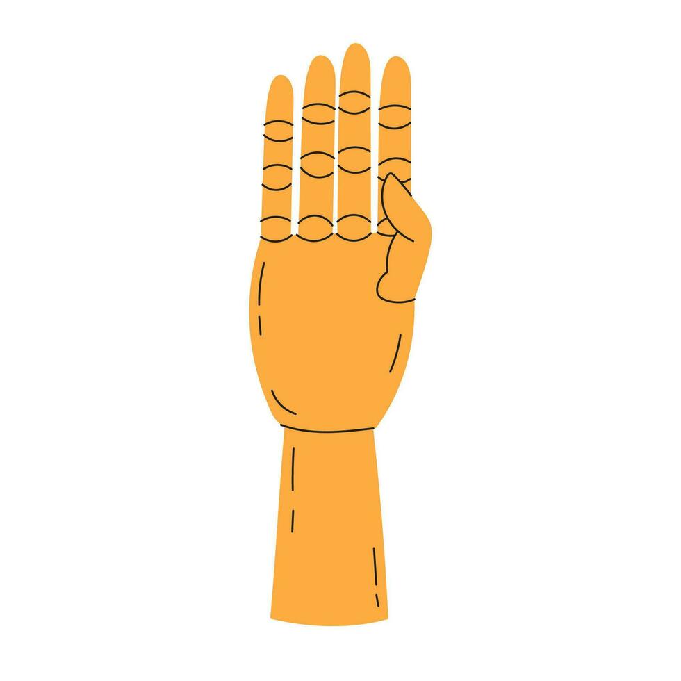 Wooden articulated mannequin figurine for learning to draw in a cartoon style. Fingers show various gestures. Art supplies. Trendy modern vector illustration isolated on white, hand drawn, flat design