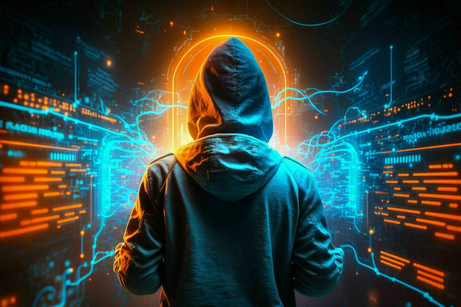 AI-generated image of a hacker working behind a sophisticated computer and screen photo
