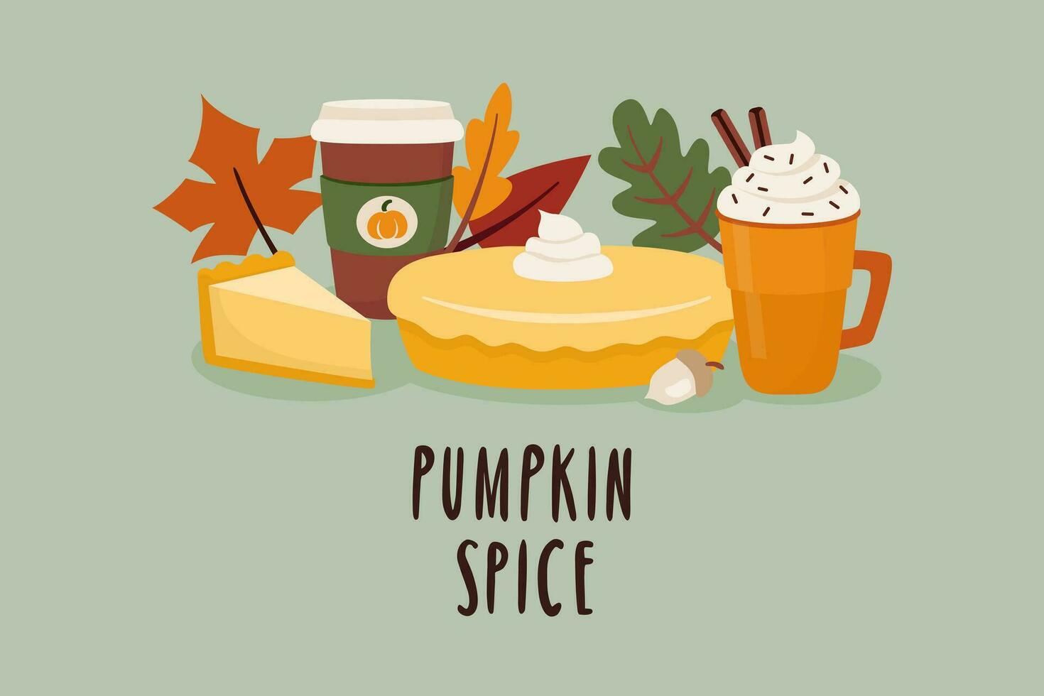 Pumpkin autumn season cute illustration in flat style for postcards, poster. Pumpkin spice latte, pie, hot beverage. vector