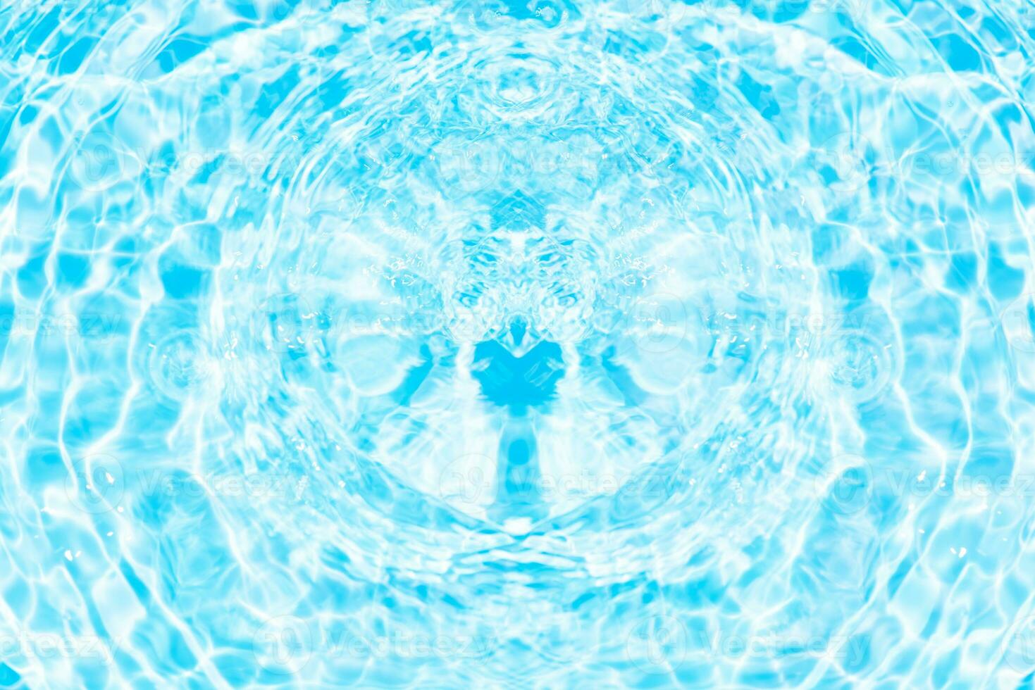 Defocus blurred transparent blue colored clear calm water surface texture with splashes reflection. Trendy abstract nature background. Water waves in sunlight with copy space. Blue watercolor shine. photo