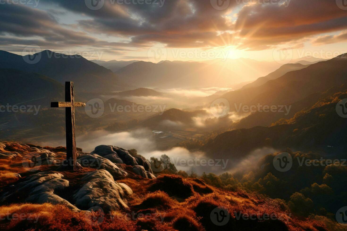 Christian religious cross on mountain, symbol of faith, night clouds background, lightning. AI generated. photo