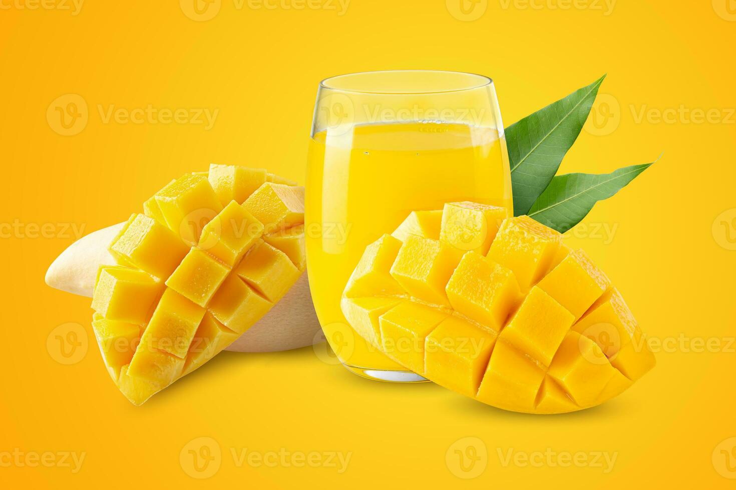 Mango fruit with mango cubes and Mango juice Isolated on a yellow background photo