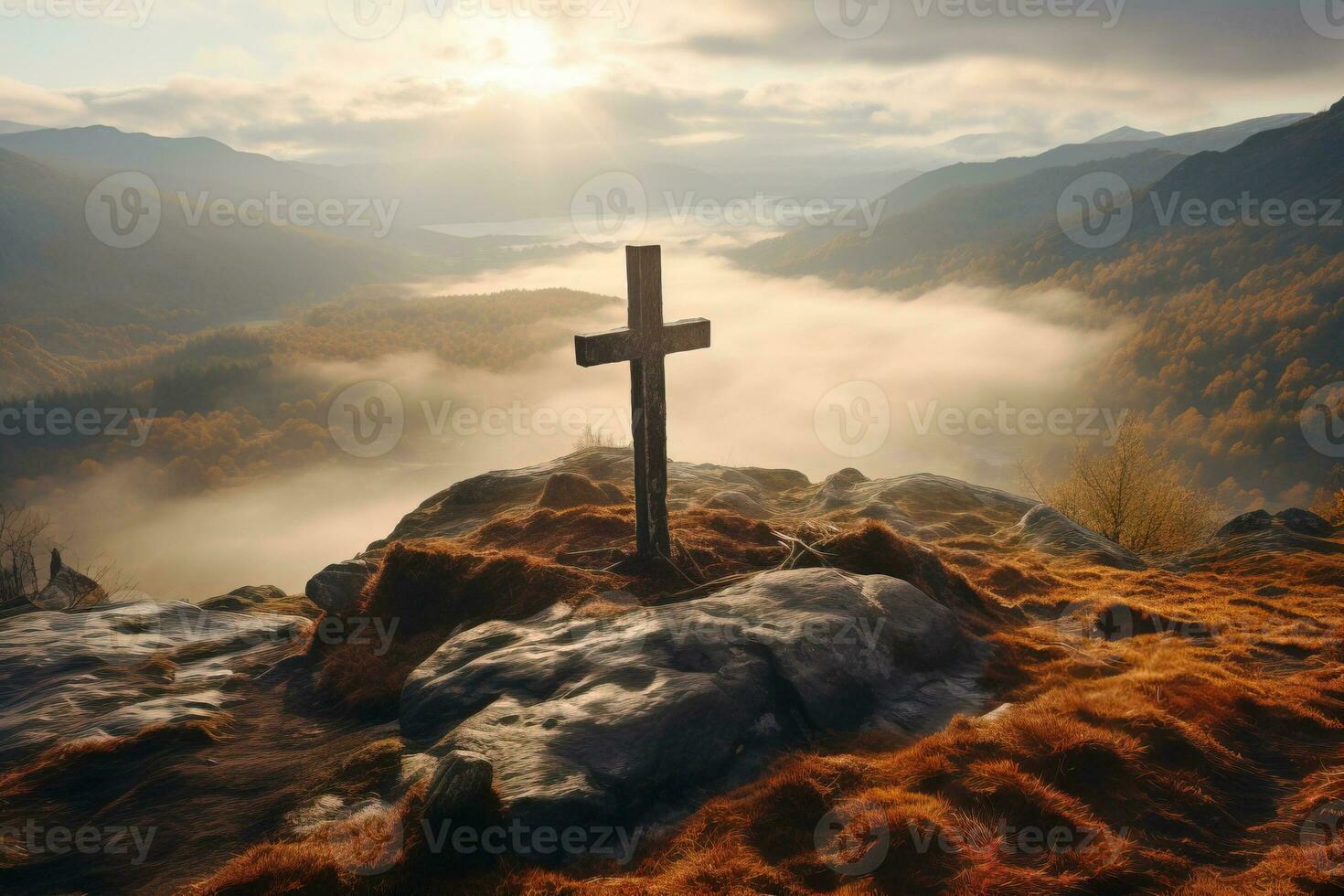 Christian religious cross on mountain, symbol of faith, night clouds background, lightning. AI generated. photo