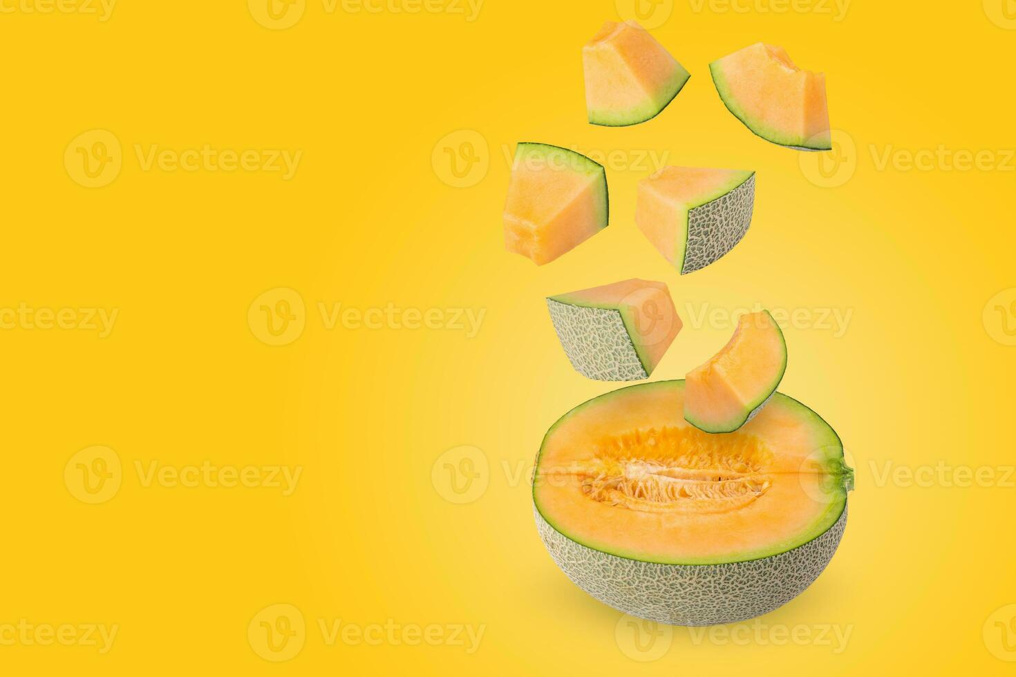 Creative layout made from melon on a pastel yellow background. Fruit minimal concept and copy space. photo