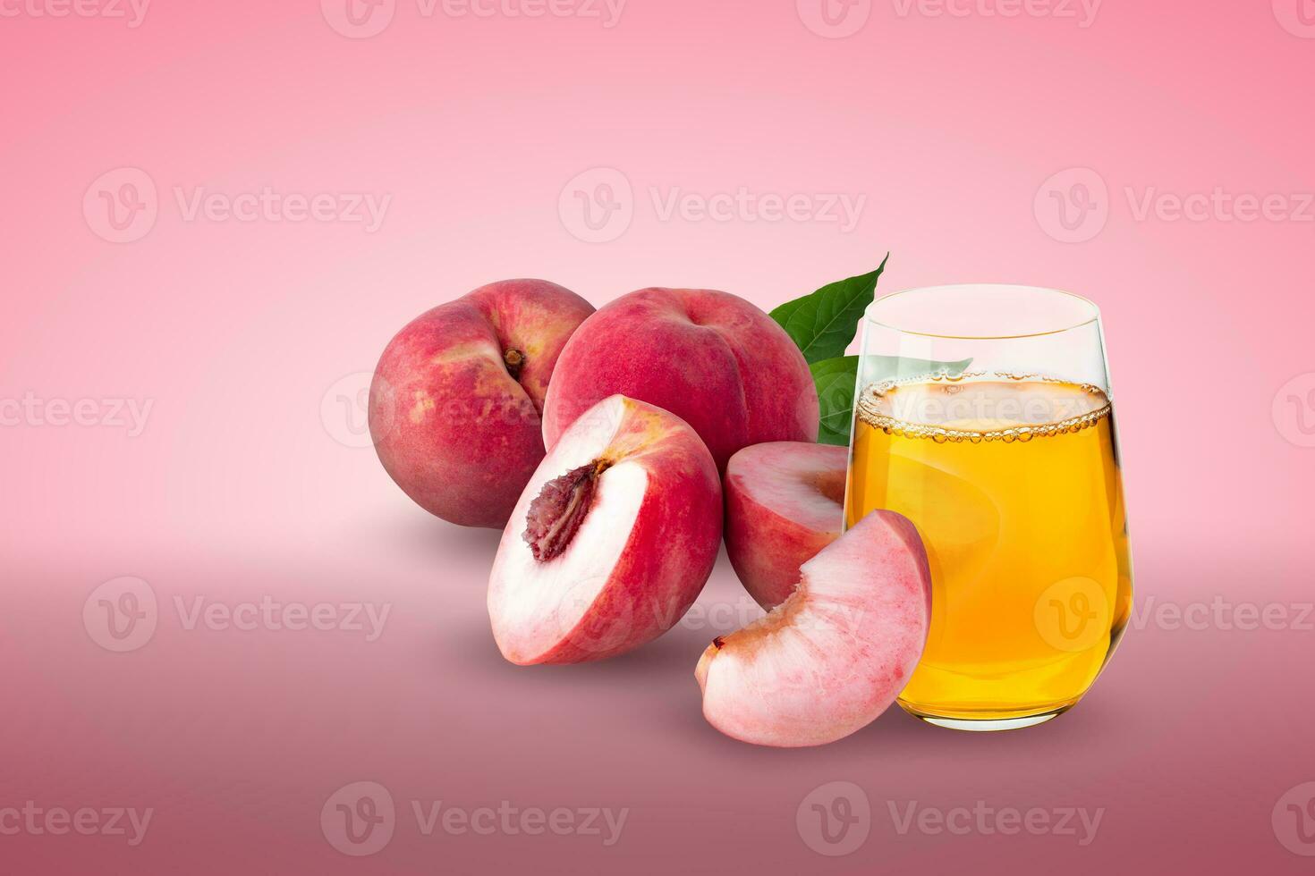 Whole Peach and Peach slice and Fresh Peach juice in a glass isolated on a pink background photo