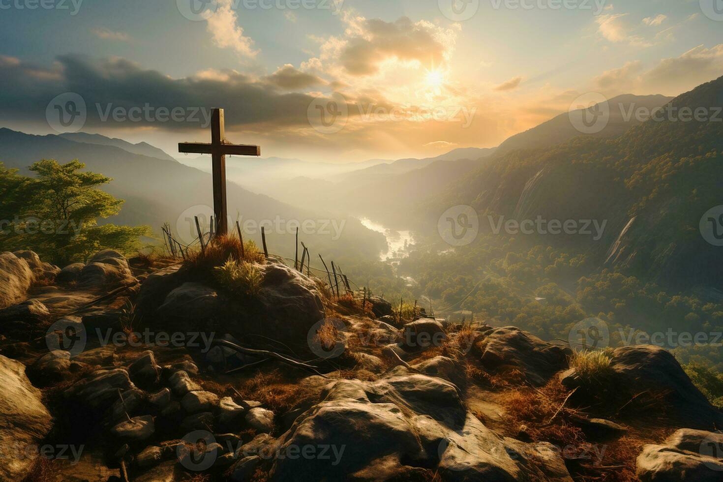 Christian religious cross on mountain, symbol of faith, night clouds background, lightning. AI generated. photo