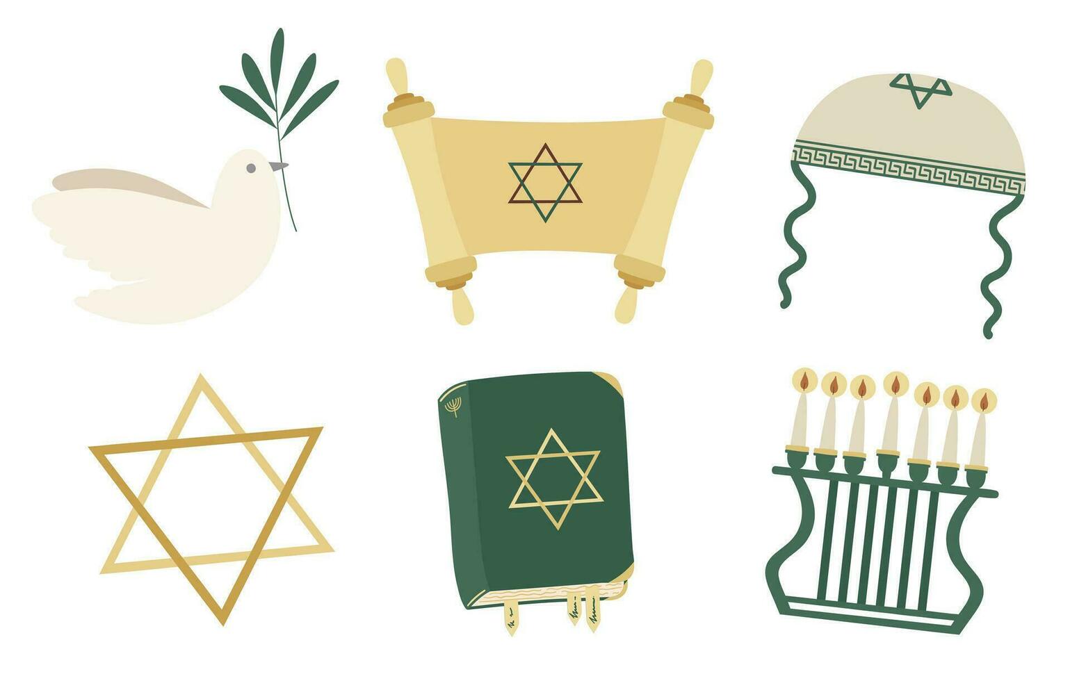 Jewish set with Torah scroll, Talmud, kippah, star Of David, Menorah and white dove with olive branch vector