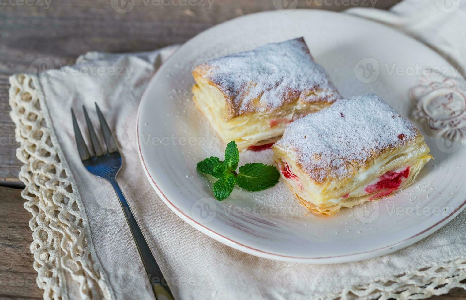 Mille-feuille with fresh cherry photo