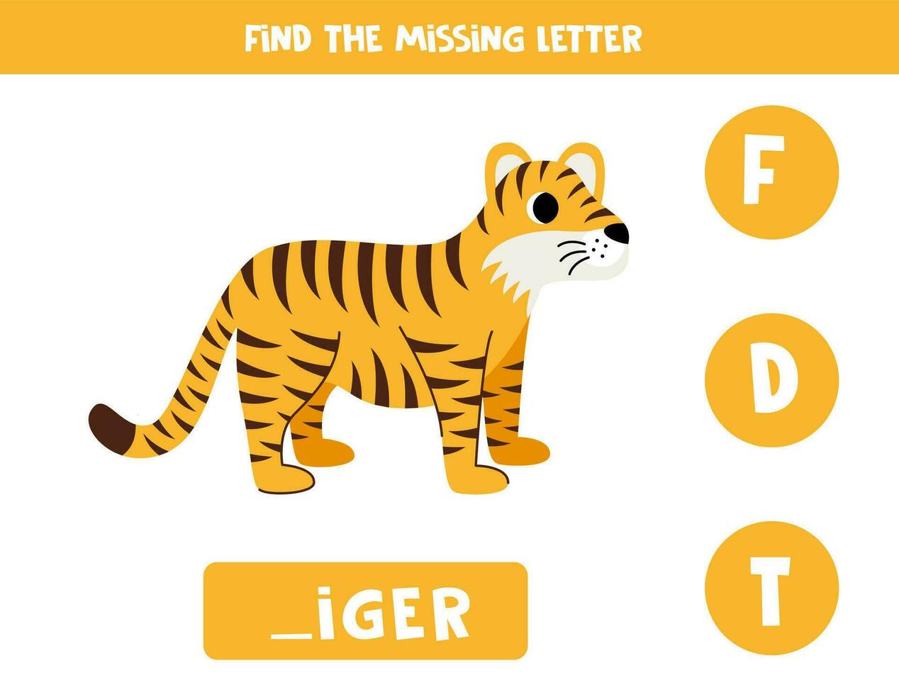 Find missing letter with cartoon tiger. Spelling worksheet. vector