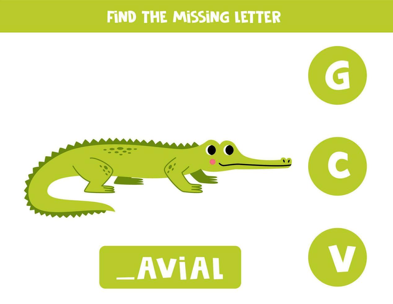 Find missing letter with cartoon gavial. Spelling worksheet. vector
