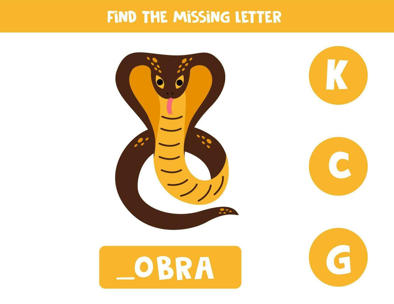 Find missing letter with cartoon cobra. Spelling worksheet. vector