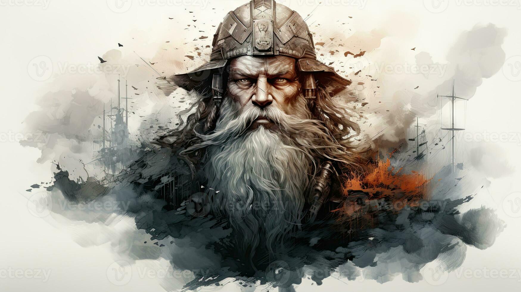 Sketch of a viking man in a helmet on a background of the burning city. photo