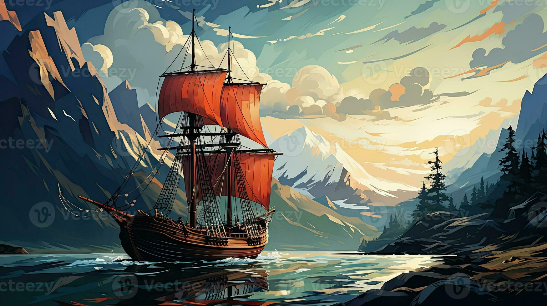 Viking ship on the background of mountains and sky. Vector illustration. photo