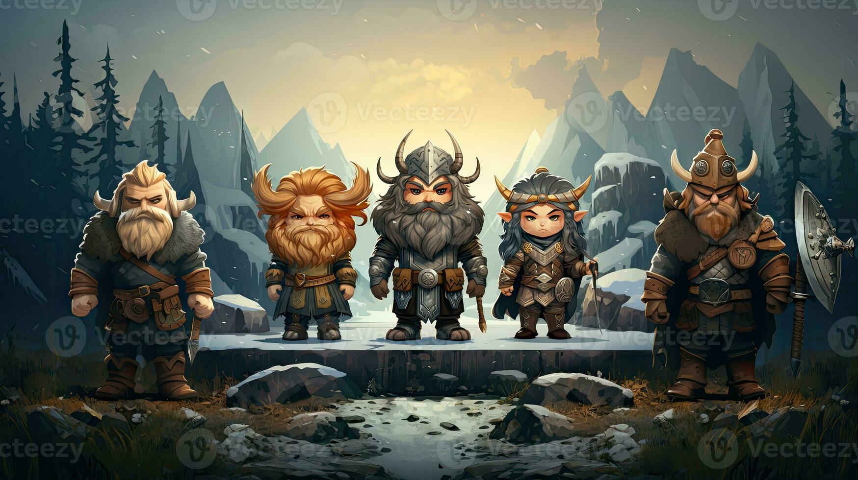 Warriors in the mountains at sunset. Fantasy scene. 3D rendering. photo