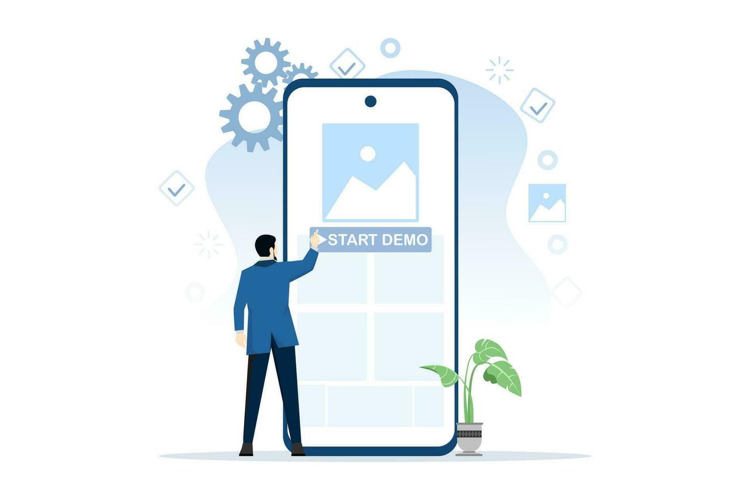 Flat design of initial demo concept. Involves a paid demo of an app or website. The phone screen displays clear content with a prominent demo start button. in-depth user experience and trial period. vector