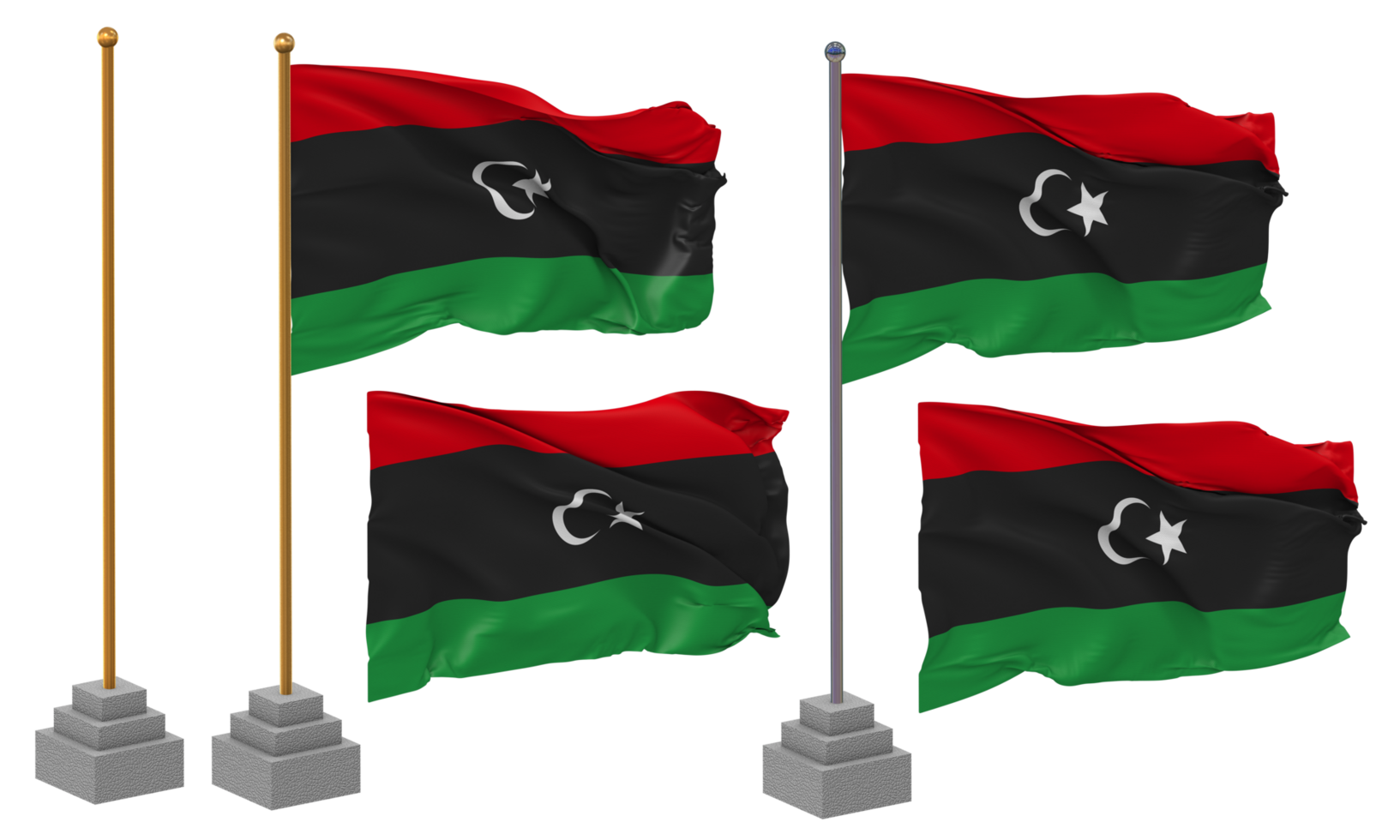 Libya Flag Waving Different Style With Stand Pole Isolated, 3D Rendering png