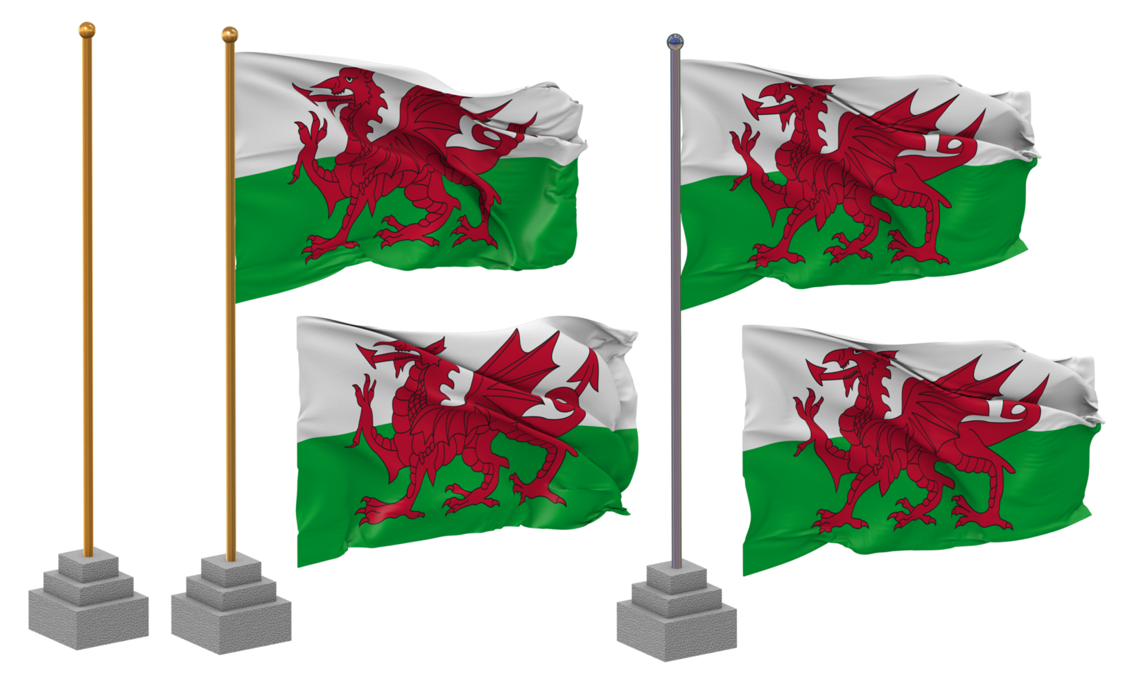 Wales Flag Waving Different Style With Stand Pole Isolated, 3D Rendering png