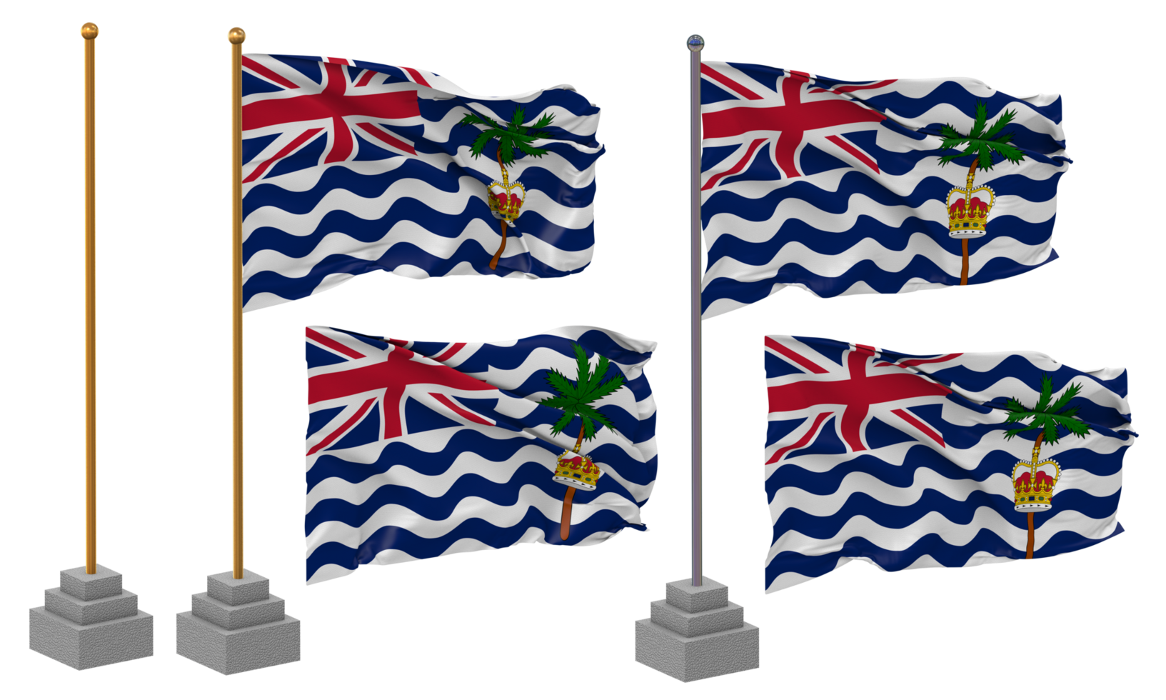 British Indian Ocean Territory, BIOT Flag Waving, Stand, Pole, Isolated, 3d illustration, 3d rendering, Flag, Golden, png