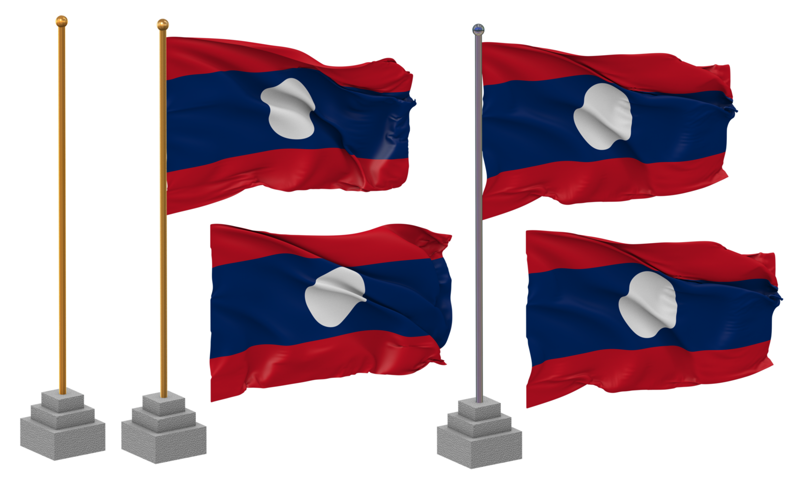 Laos Flag Waving Different Style With Stand Pole Isolated, 3D Rendering png