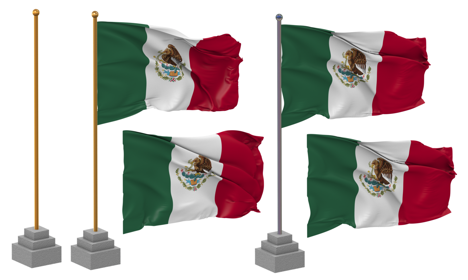 Mexico Flag Waving Different Style With Stand Pole Isolated, 3D Rendering png