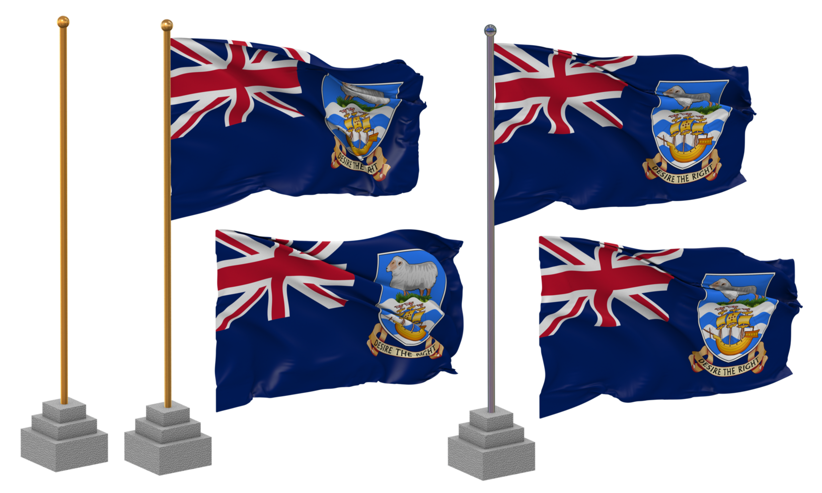 Falkland Islands Flag Waving, Stand, Pole, Isolated, 3d illustration, 3d rendering, Flag, Golden, png