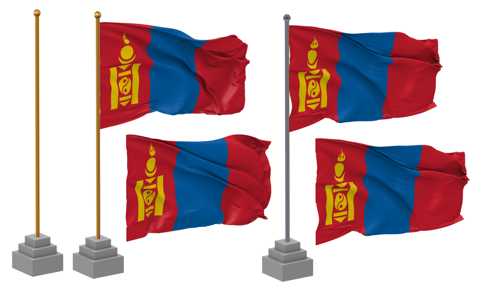Mongolia Flag Waving, Stand, Pole, Isolated, 3d illustration, 3d rendering, Flag, Golden, png