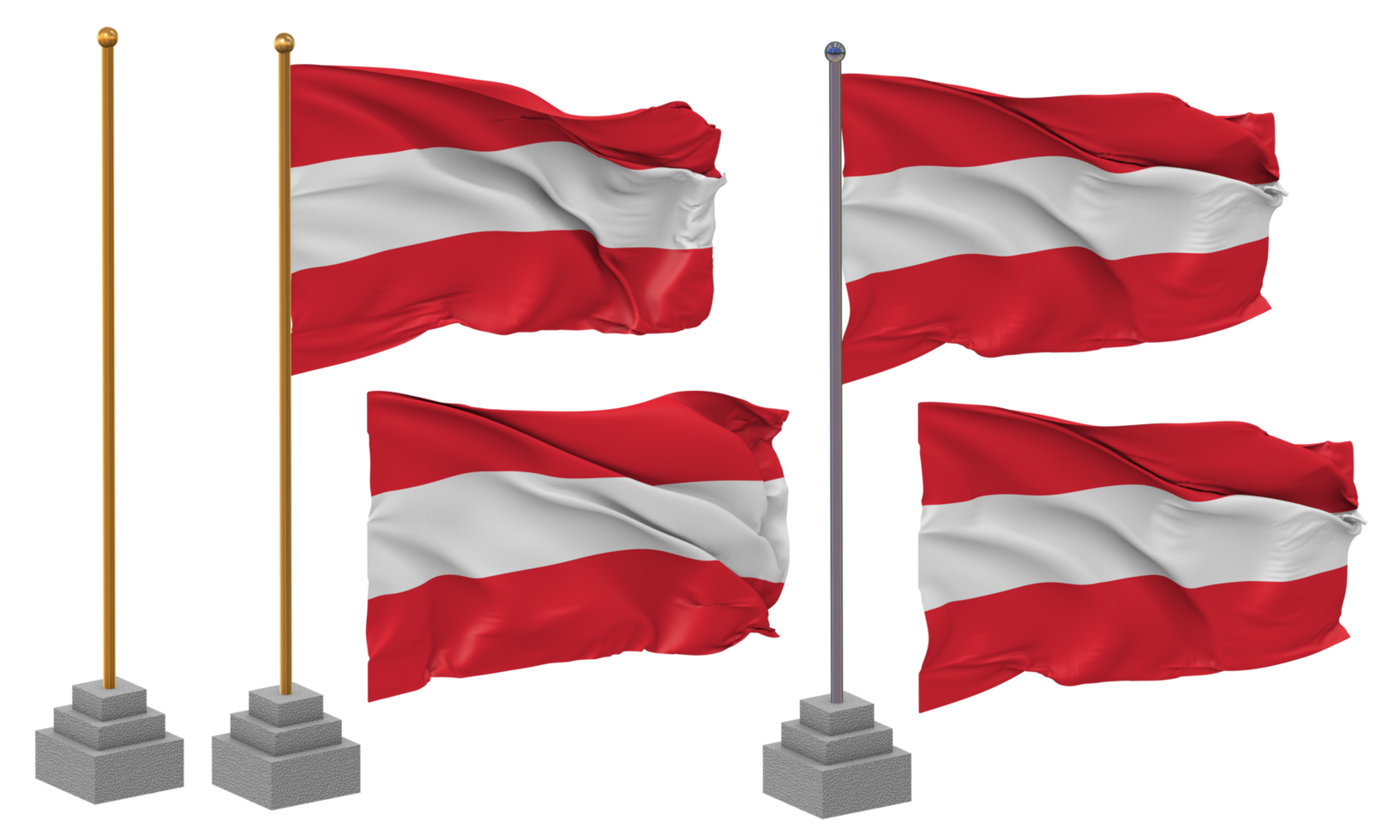 Austria Flag Waving Different Style With Stand Pole Isolated, 3D Rendering png