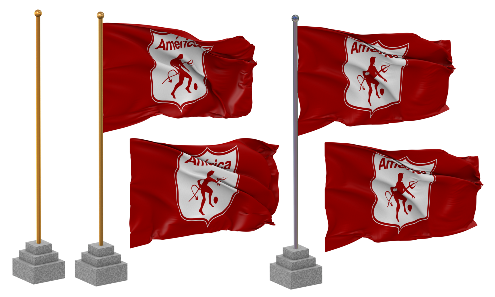 America de Cali SA Football Club Flag Waving Different Style With Stand Pole Isolated, 3D Rendering png