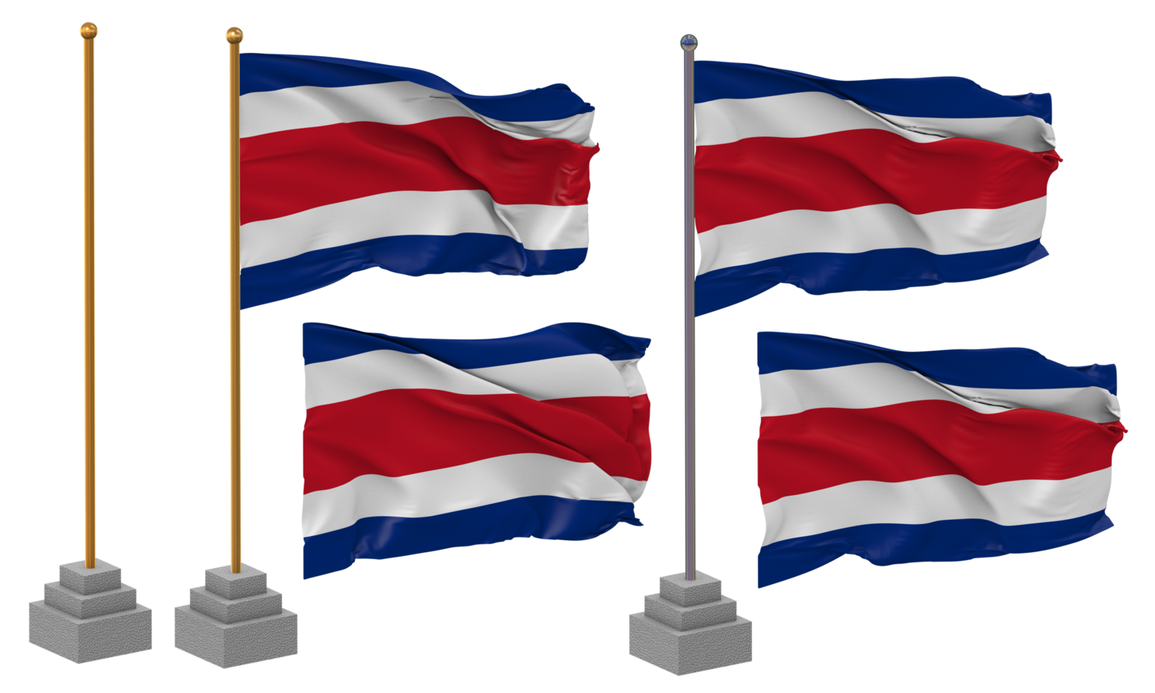 Costa Rica Flag Waving Different Style With Stand Pole Isolated, 3D Rendering png