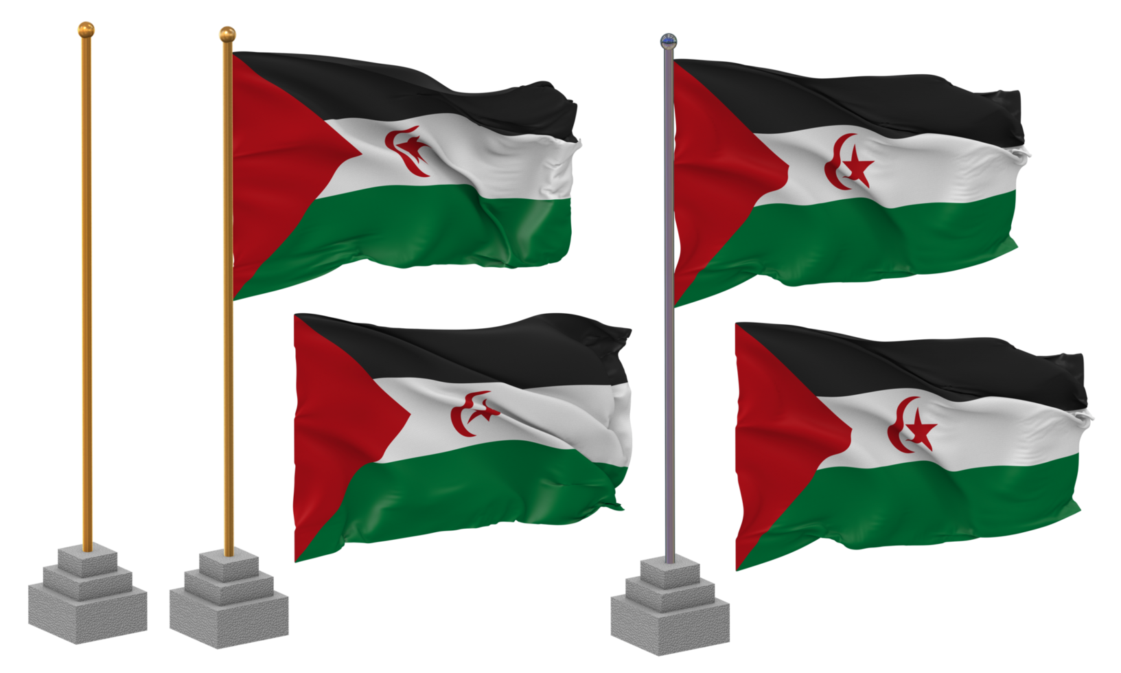 Sahrawi Arab Democratic Republic Flag Waving, Stand, Pole, Isolated, 3d illustration, 3d rendering, Flag, Golden, png