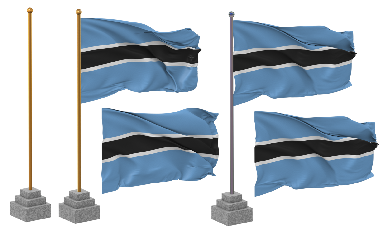 Botswana Flag Waving Different Style With Stand Pole Isolated, 3D Rendering png