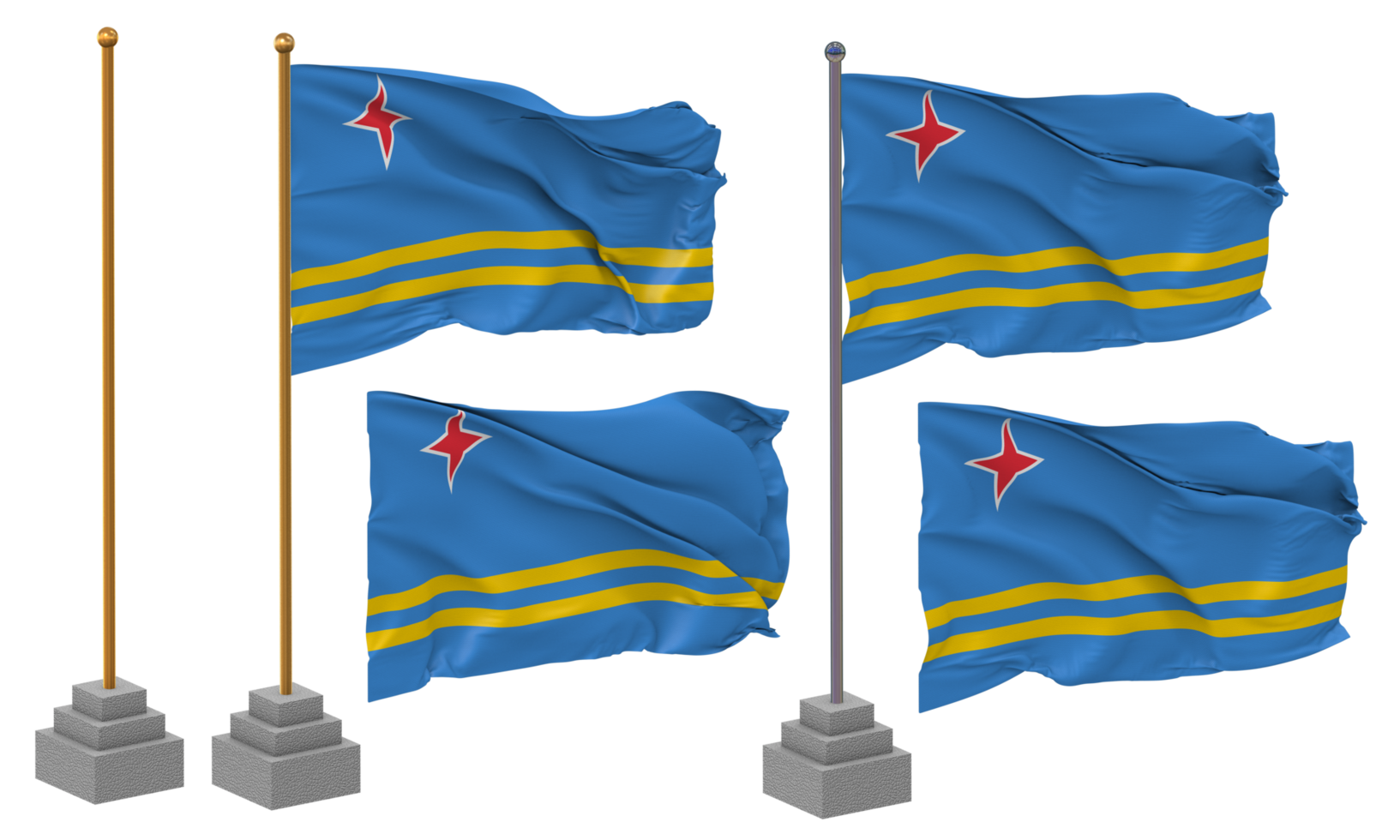 Aruba Flag Waving Different Style With Stand Pole Isolated, 3D Rendering png