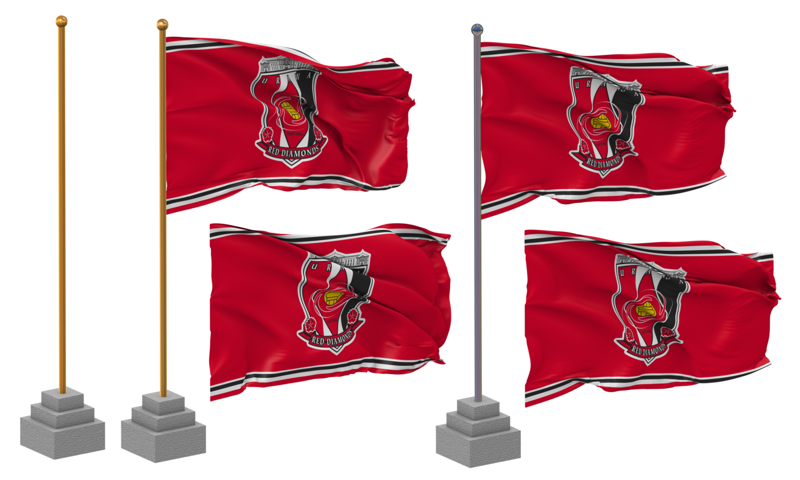 Urawa Red Diamonds Flag Waving Different Style With Stand Pole Isolated, 3D Rendering png