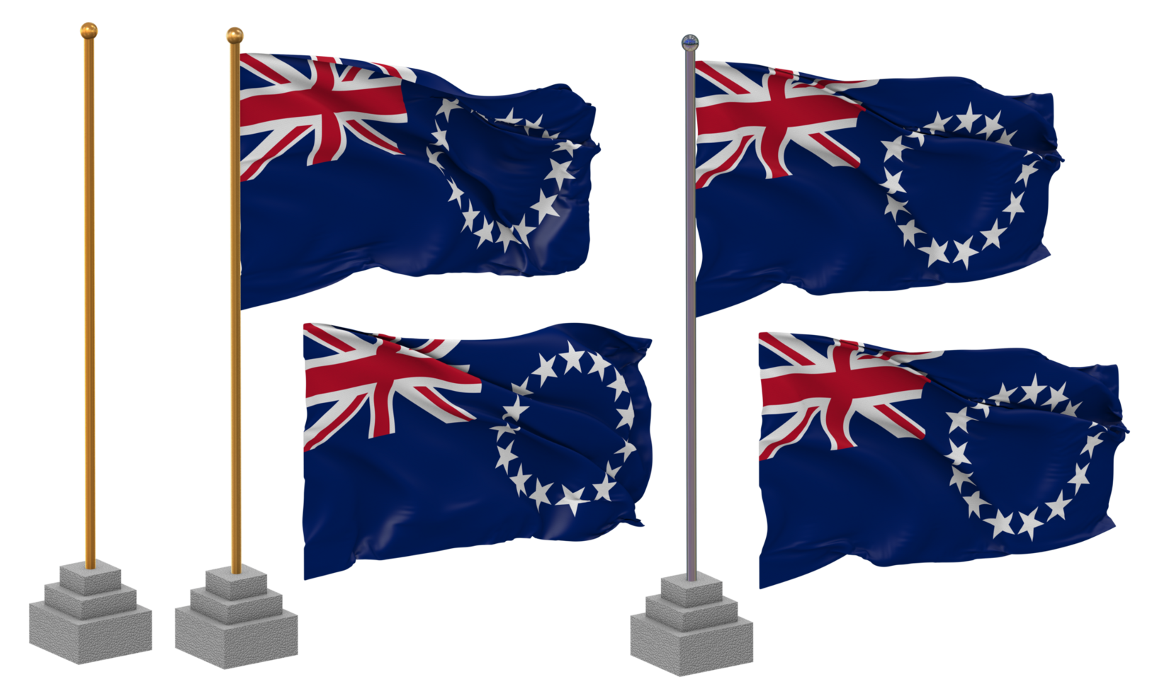 Cook Islands Flag Waving Different Style With Stand Pole Isolated, 3D Rendering png