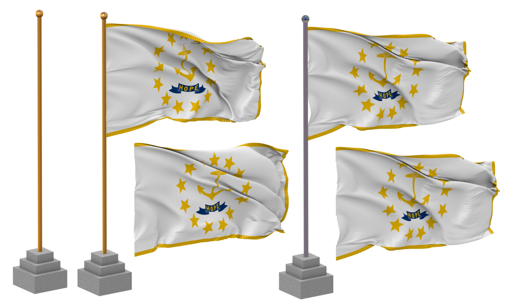 State of Rhode Island Flag Waving Different Style With Stand Pole Isolated, 3D Rendering png