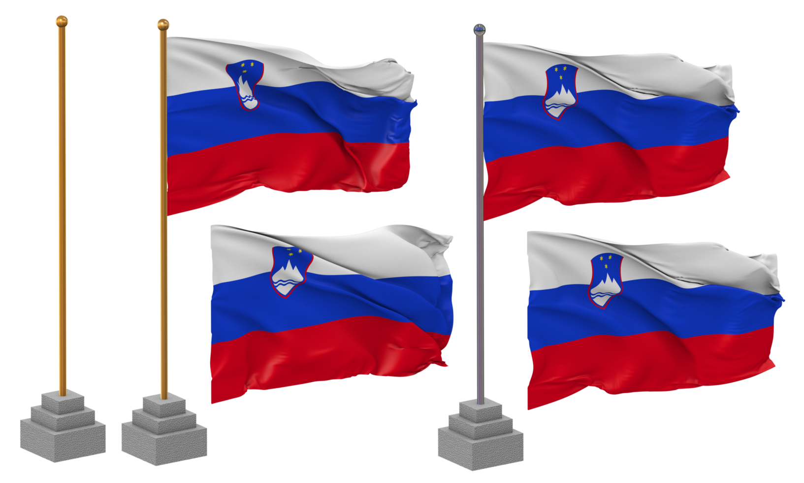 Slovenia Flag Waving, Stand, Pole, Isolated, 3d illustration, 3d rendering, Flag, Golden, png