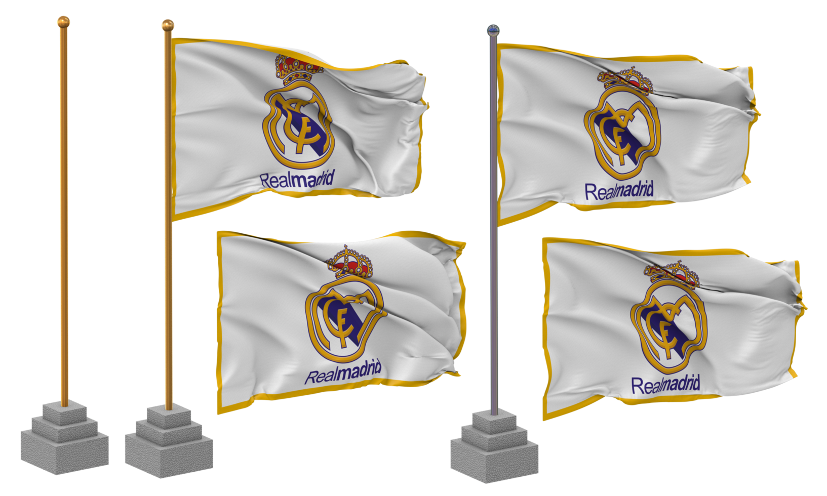 Real Madrid Club de Futbol, Real Madrid CF Flag Waving Different Style With Stand Pole Isolated, 3D Rendering png