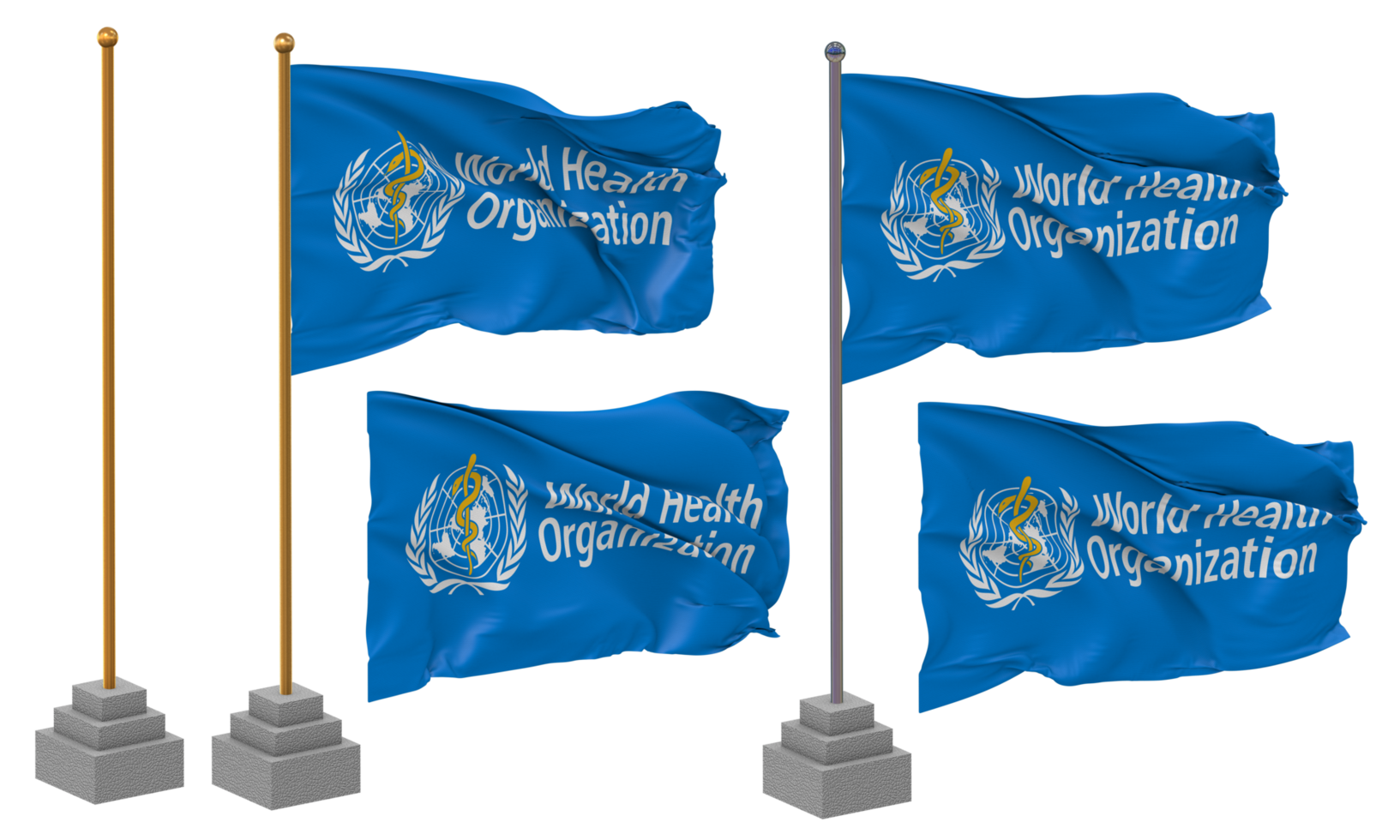 World Health Organization, WHO Flag Waving Different Style With Stand Pole Isolated, 3D Rendering png