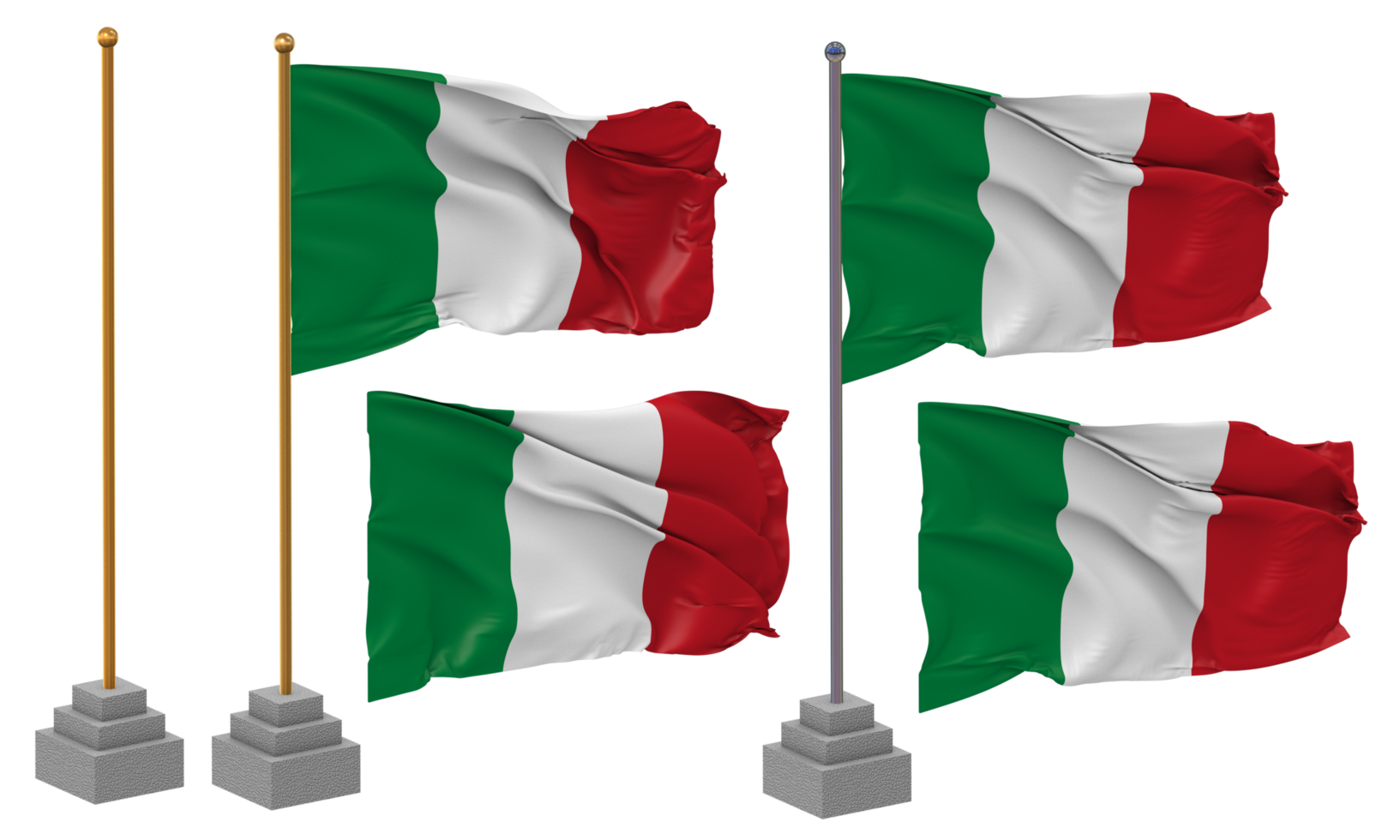 Italie drapeau agitant différent style avec supporter pôle isolé, 3d le rendu png