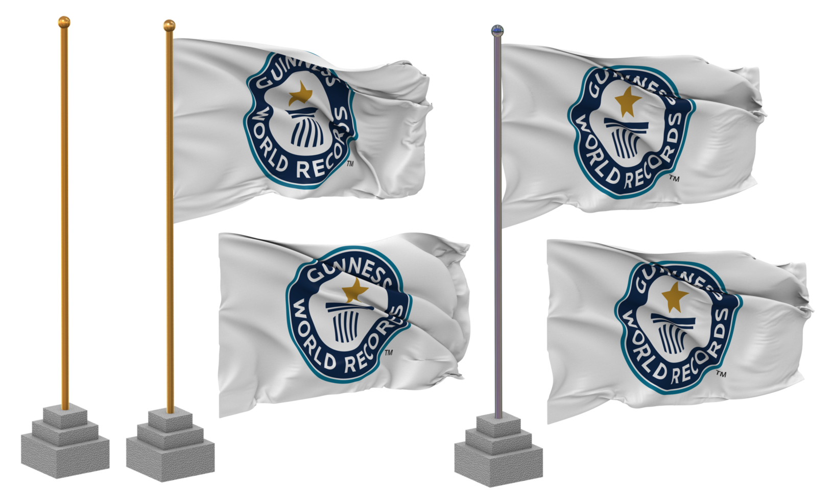 Guinness World Records Flag Waving Different Style With Stand Pole Isolated, 3D Rendering png