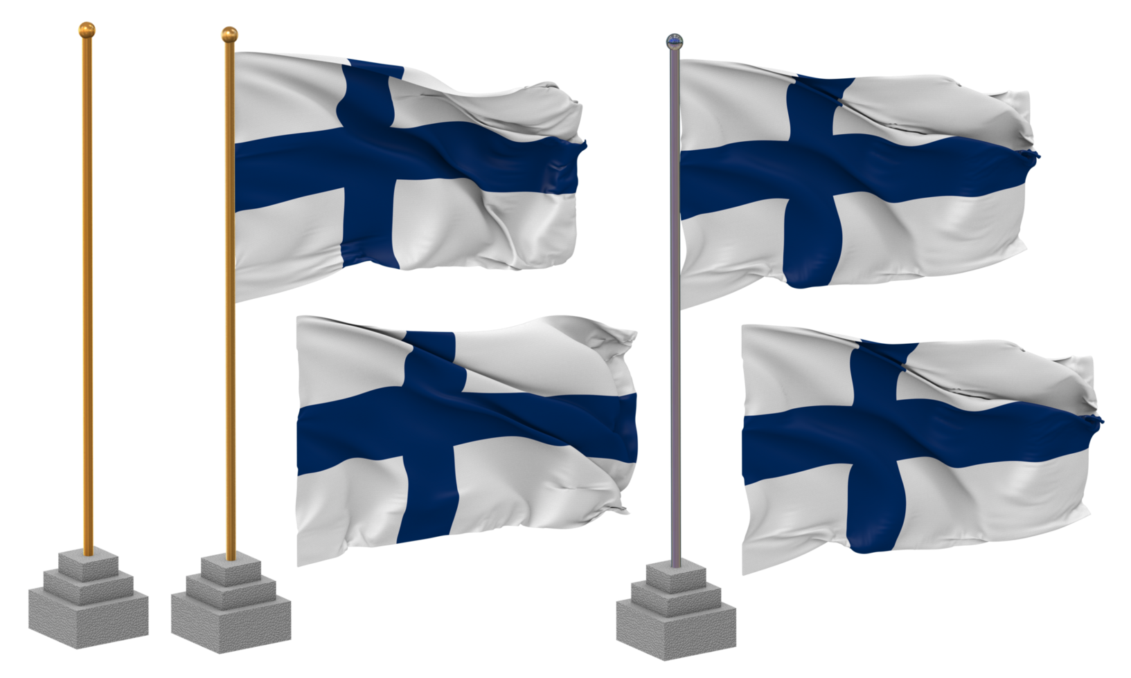 Finland Flag Waving Different Style With Stand Pole Isolated, 3D Rendering png