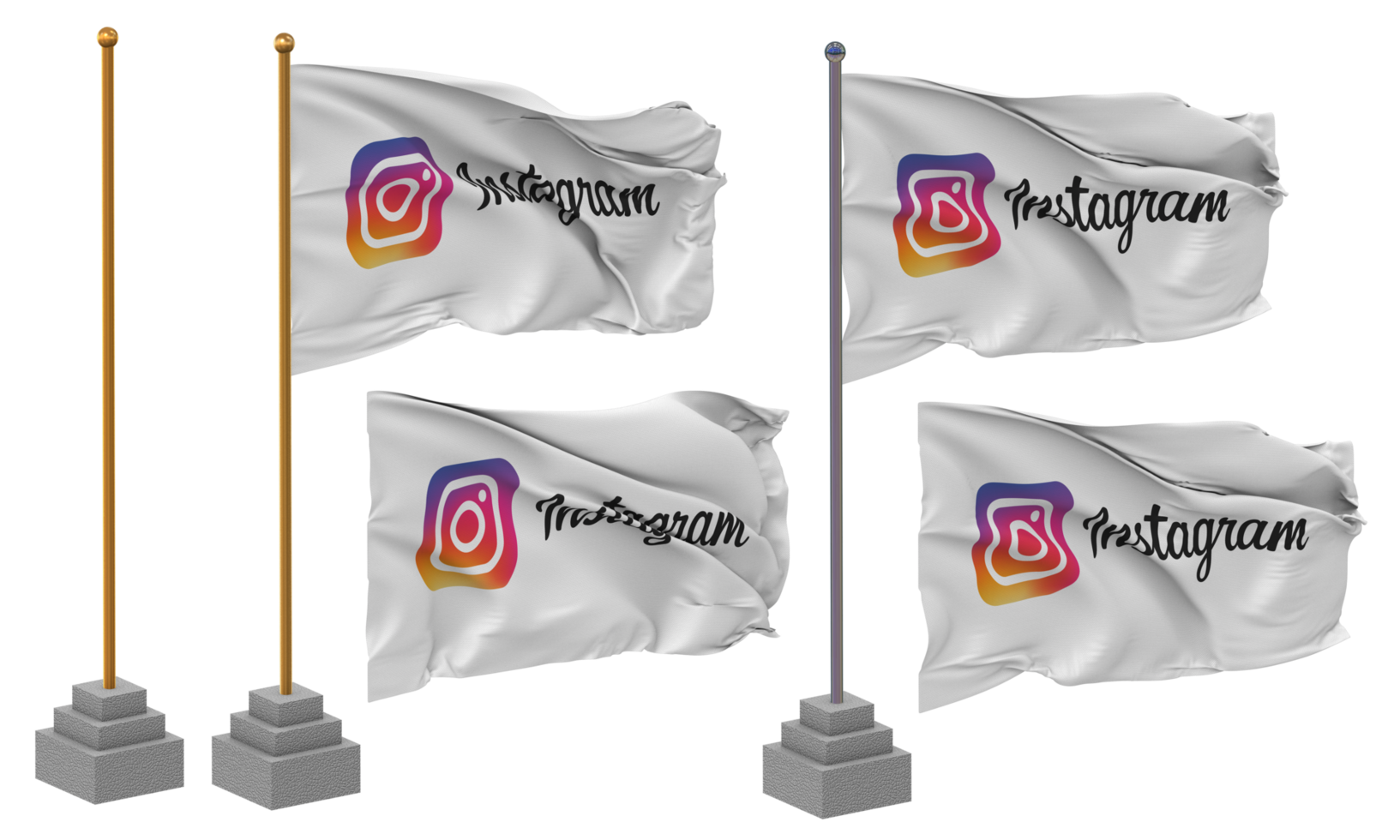 Instagram Flag Waving Different Style With Stand Pole Isolated, 3D Rendering png