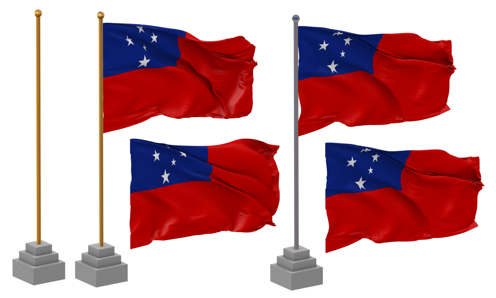 Samoa Flag Waving, Stand, Pole, Isolated, 3d illustration, 3d rendering, Flag, Golden, png