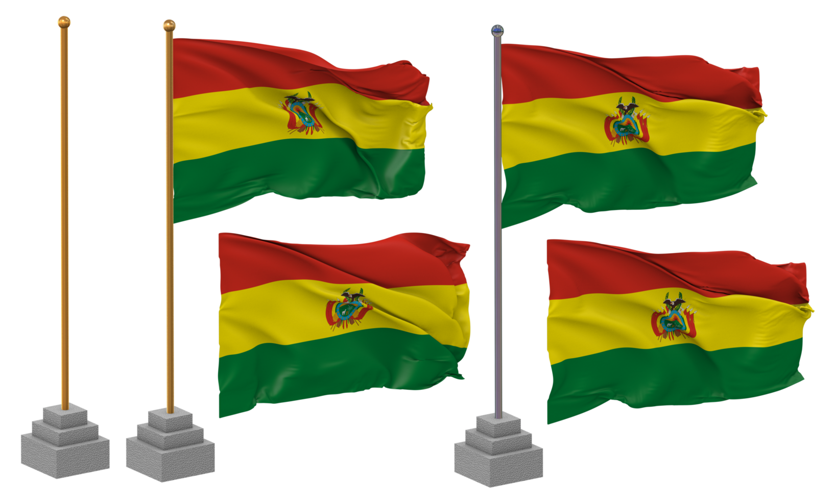 Bolivia Flag Waving Different Style With Stand Pole Isolated, 3D Rendering png