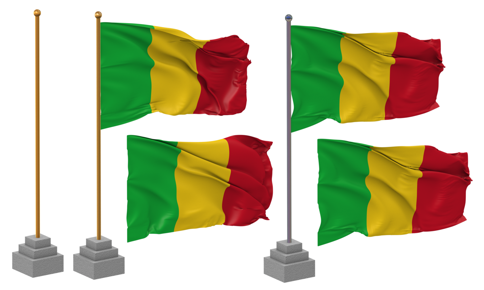Mali Flag Waving Different Style With Stand Pole Isolated, 3D Rendering png