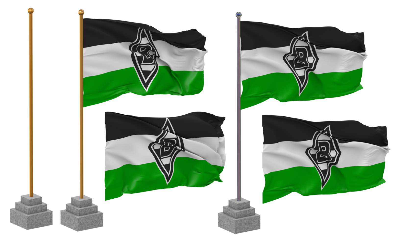 Borussia Monchengladbach, Borussia MG, BMG Flag Waving Different Style With Stand Pole Isolated, 3D Rendering png